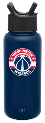 Navy blue water bottle with charcoal gray cap, Washington design