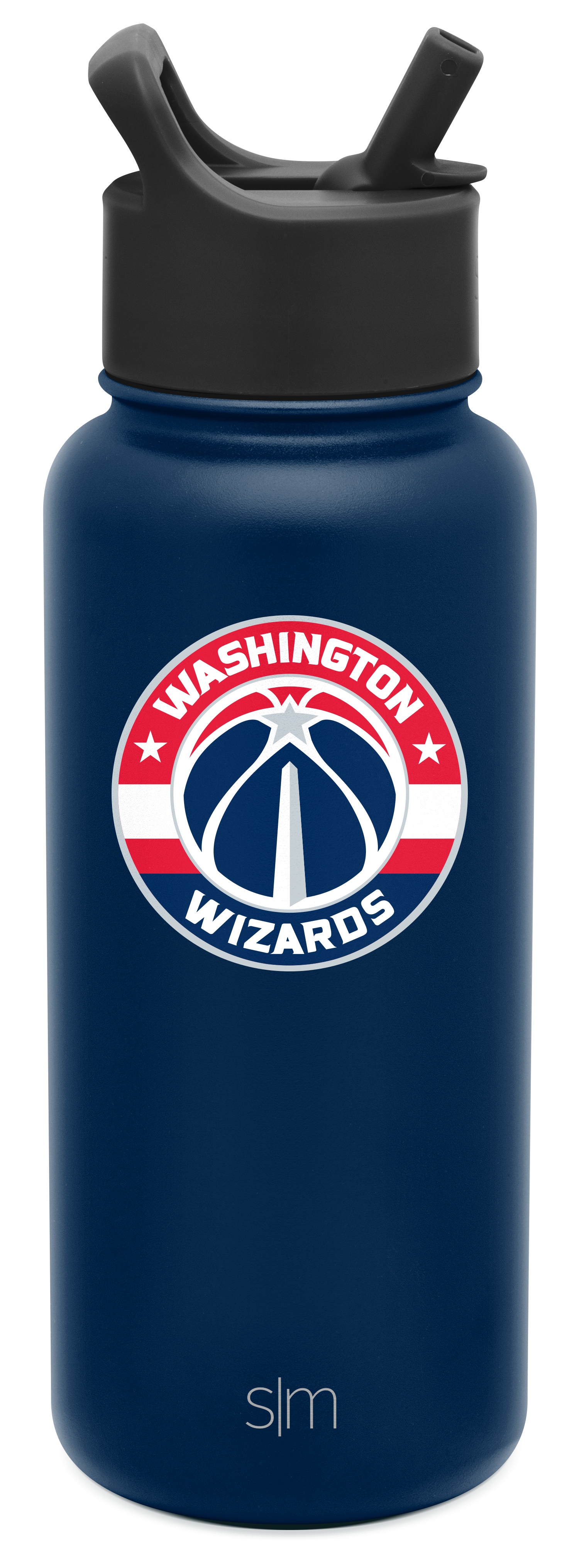 Navy blue water bottle with charcoal gray cap, Washington design