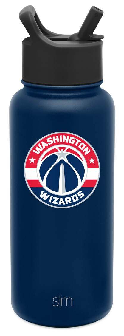 Navy blue water bottle with charcoal gray cap, Washington design