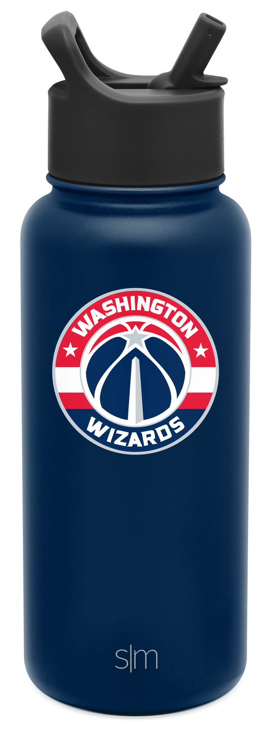 Navy blue water bottle with charcoal gray cap, Washington design