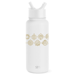 White insulated water bottle with wide mouth opening and dual-handle straw cap on cylindrical body with tapered lower section
