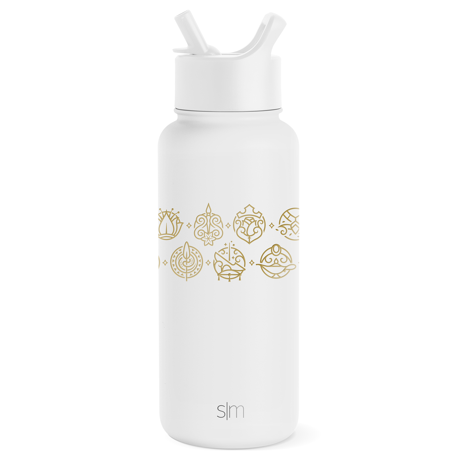 White insulated water bottle with wide mouth opening and dual-handle straw cap on cylindrical body with tapered lower section