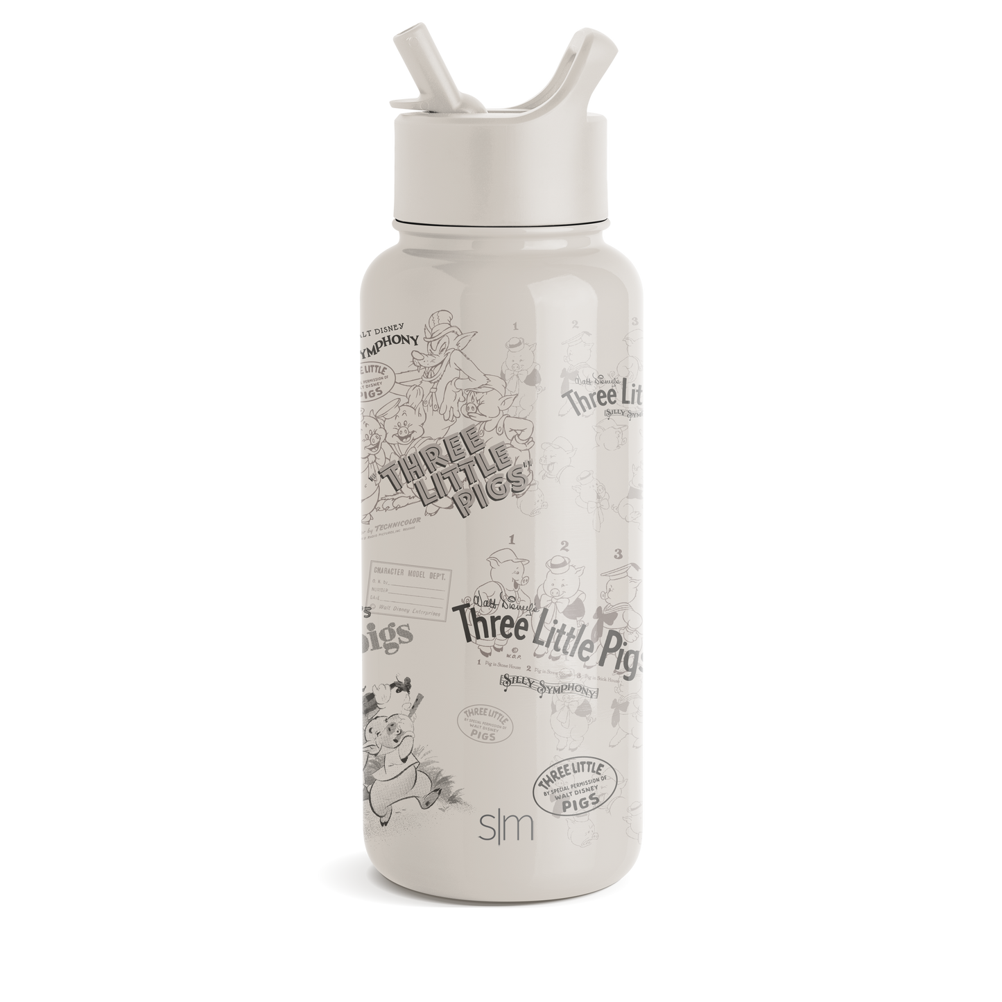 Cream-colored bottle with gray and black illustrations and text, white lid and straw spouts, monochromatic design