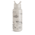 Cream-colored bottle with gray and black illustrations and text, white lid and straw spouts, monochromatic design
