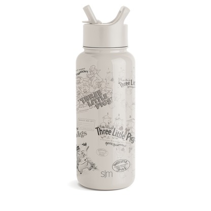 Cream-colored bottle with gray and black illustrations and text, white lid and straw spouts, monochromatic design