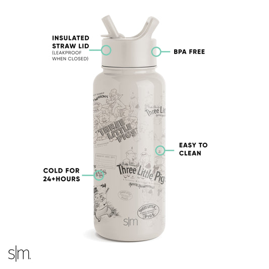 Cream-colored insulated water bottle with gray illustrations and text on white background, featuring mint green accents