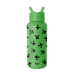 Bright lime green water bottle with black and dark gray pixelated patterns scattered across the surface
