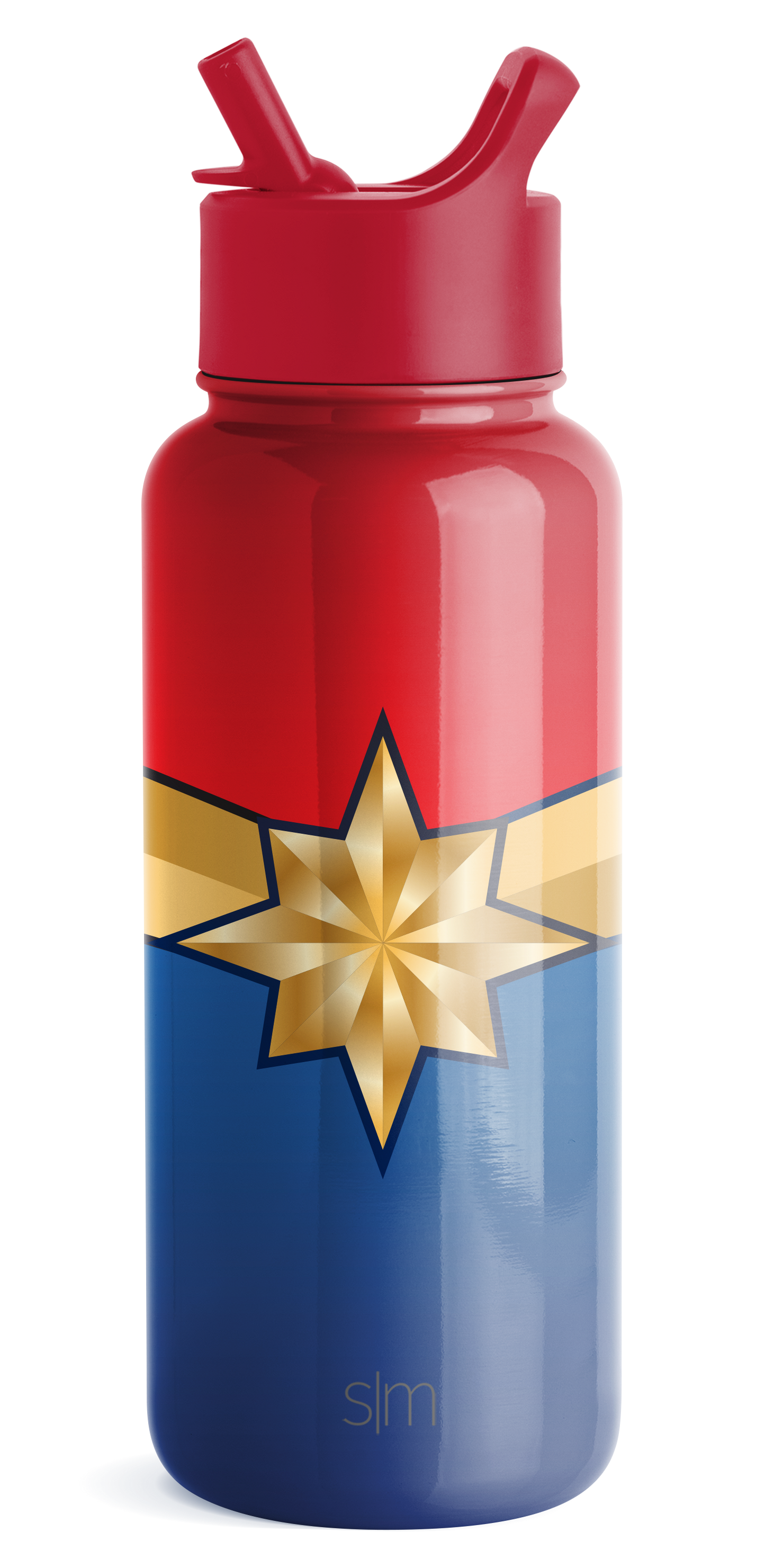 Gradient bottle with red upper section, cream middle band, and navy blue lower half