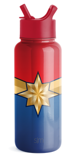 Gradient bottle with red upper section, cream middle band, and navy blue lower half