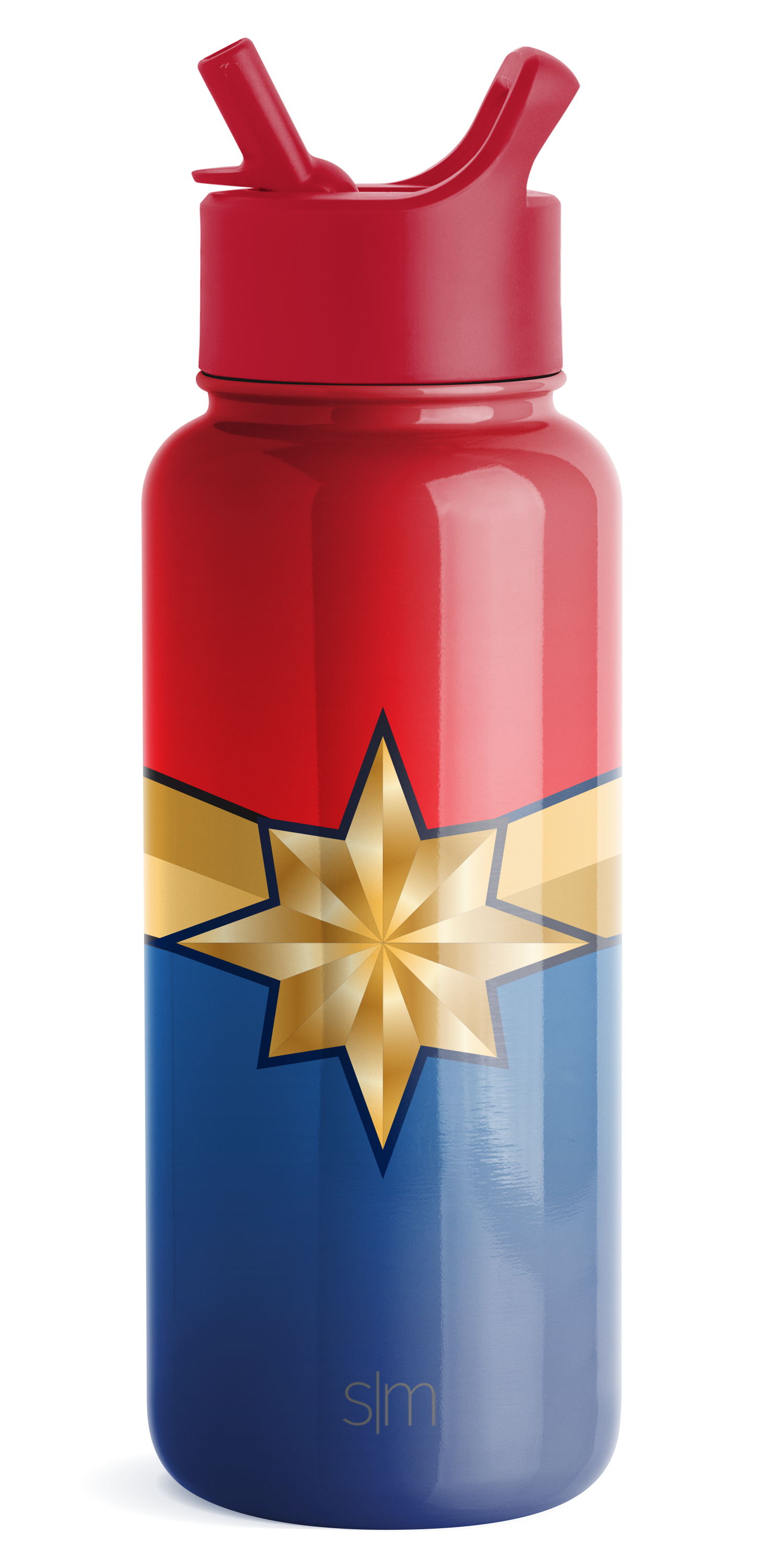 Gradient bottle with red upper section, cream middle band, and navy blue lower half