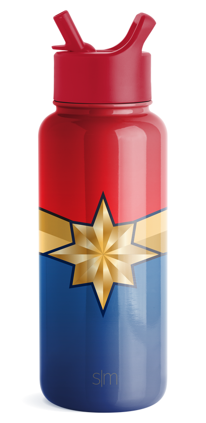 Gradient bottle with red upper section, cream middle band, and navy blue lower half
