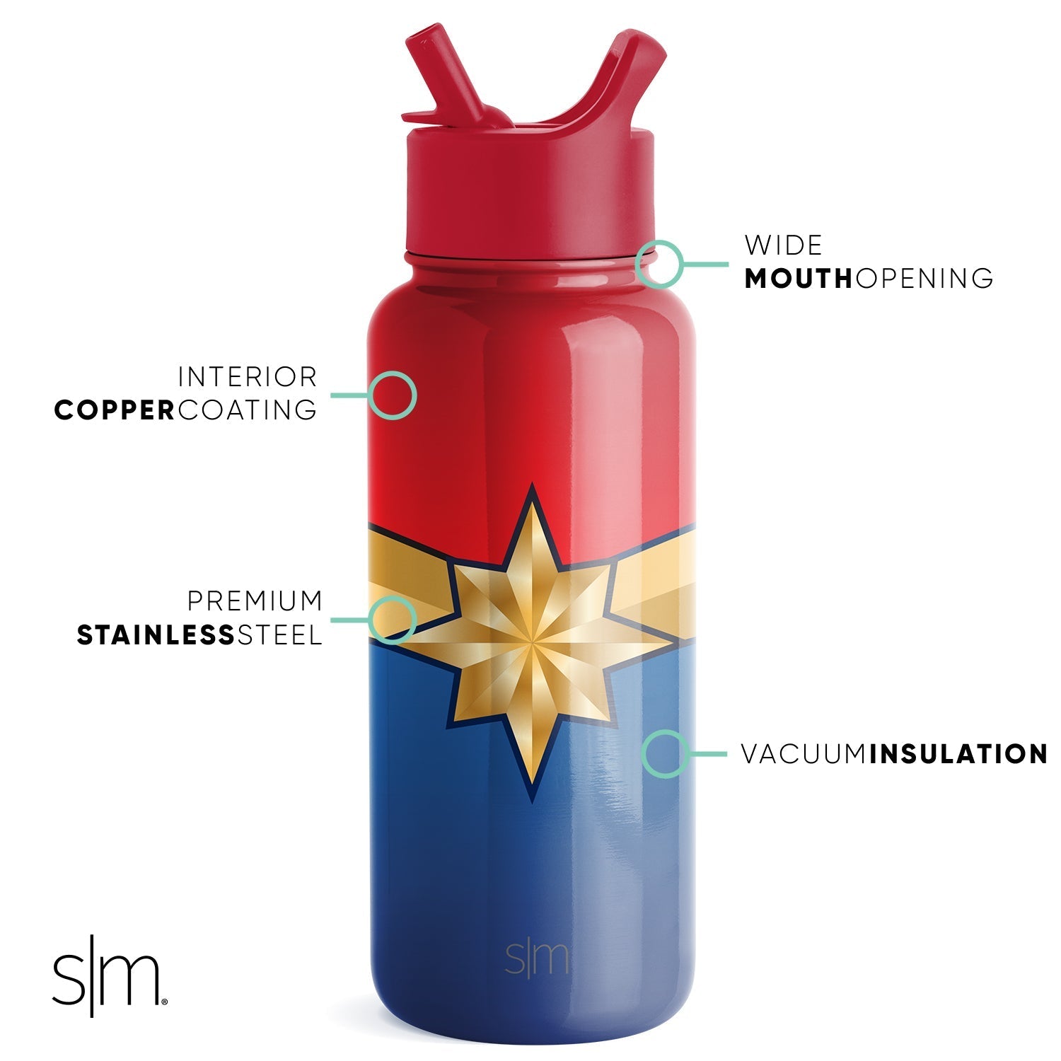 Three-color blocked water bottle with bright red upper section, cream middle band, and navy blue lower portion