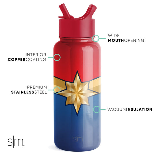 Three-color blocked water bottle with bright red upper section, cream middle band, and navy blue lower portion