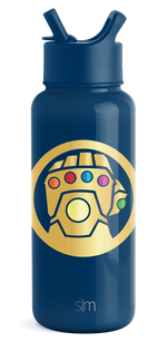 Deep navy blue water bottle with bright golden yellow circular graphic on front center, outlined in navy