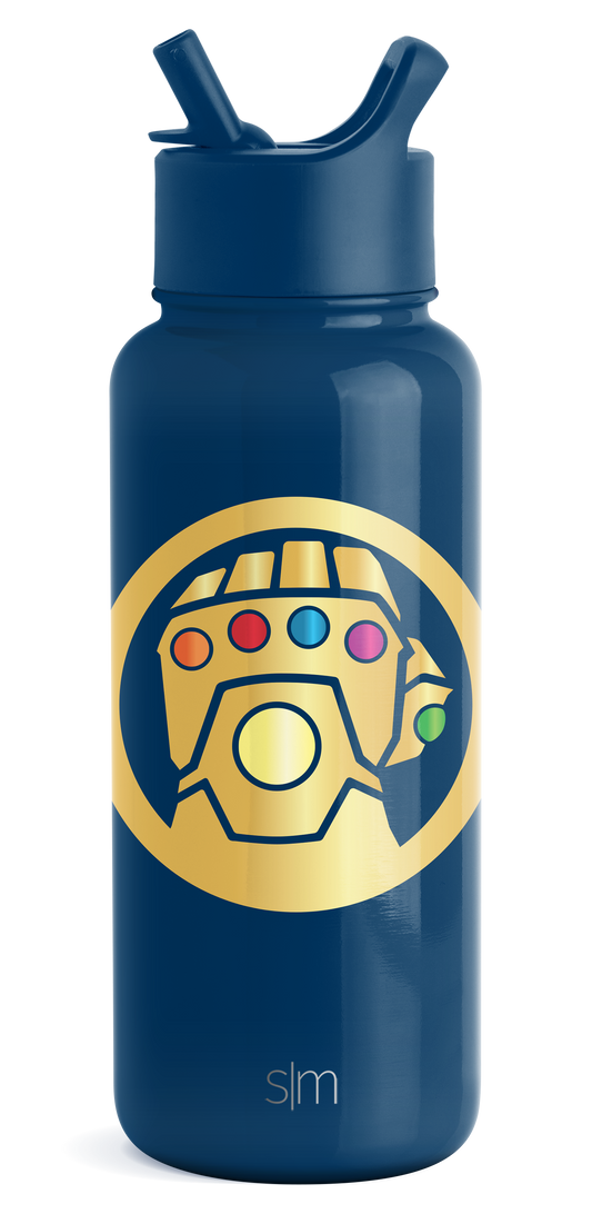 Deep navy blue water bottle with bright golden yellow circular graphic on front center, outlined in navy