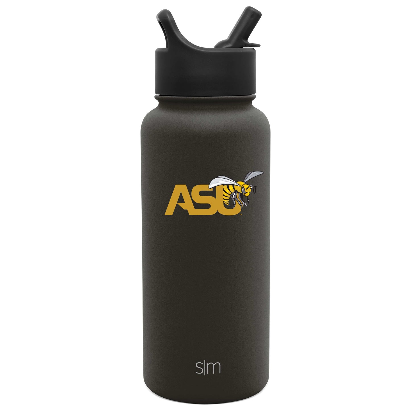Dark charcoal gray cylindrical water bottle with gold lettering and black accents
