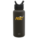 Dark charcoal gray cylindrical water bottle with gold lettering and black accents