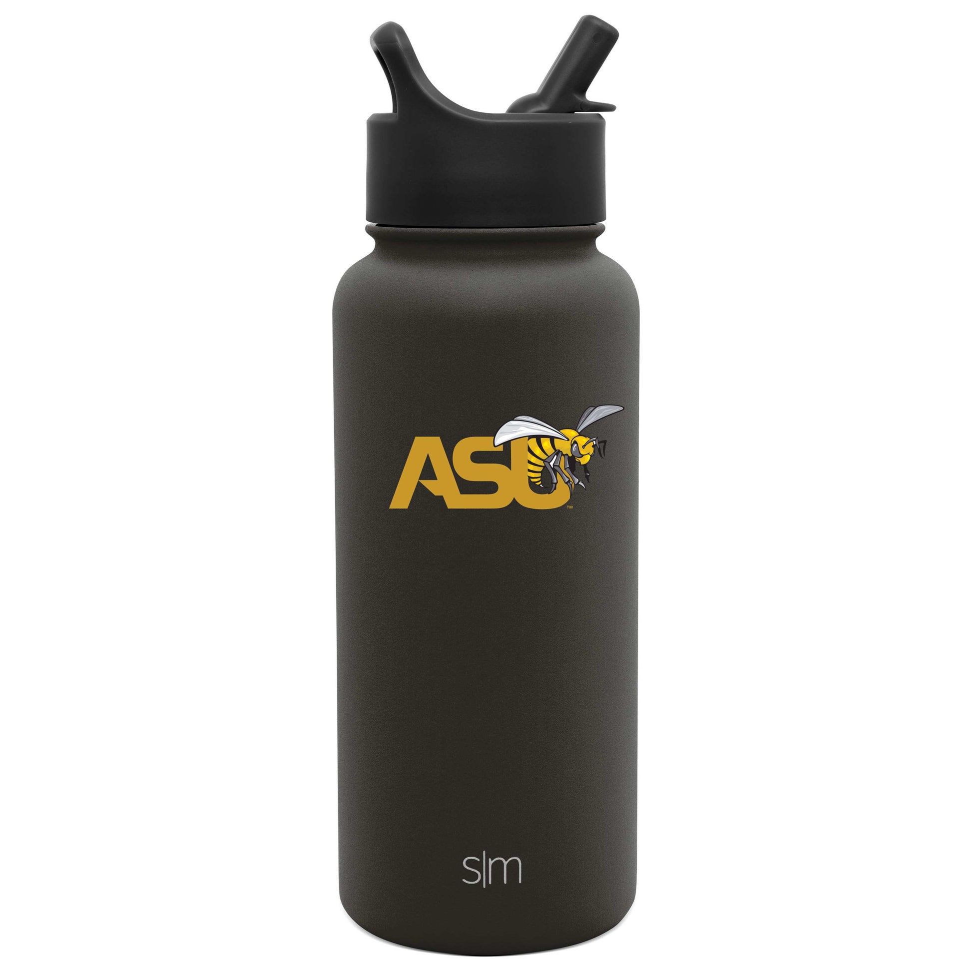 Dark charcoal gray cylindrical water bottle with gold lettering and black accents