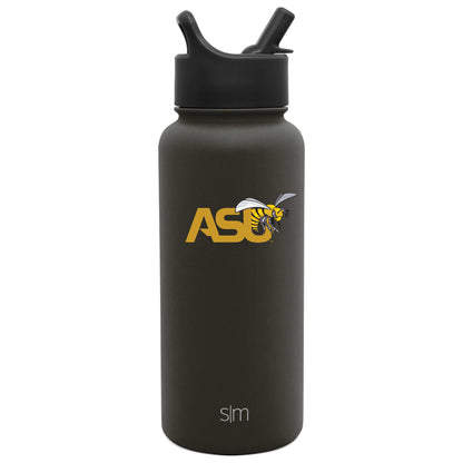 Dark charcoal gray cylindrical water bottle with gold lettering and black accents