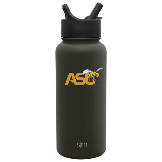 Dark charcoal gray cylindrical water bottle with gold lettering and black accents
