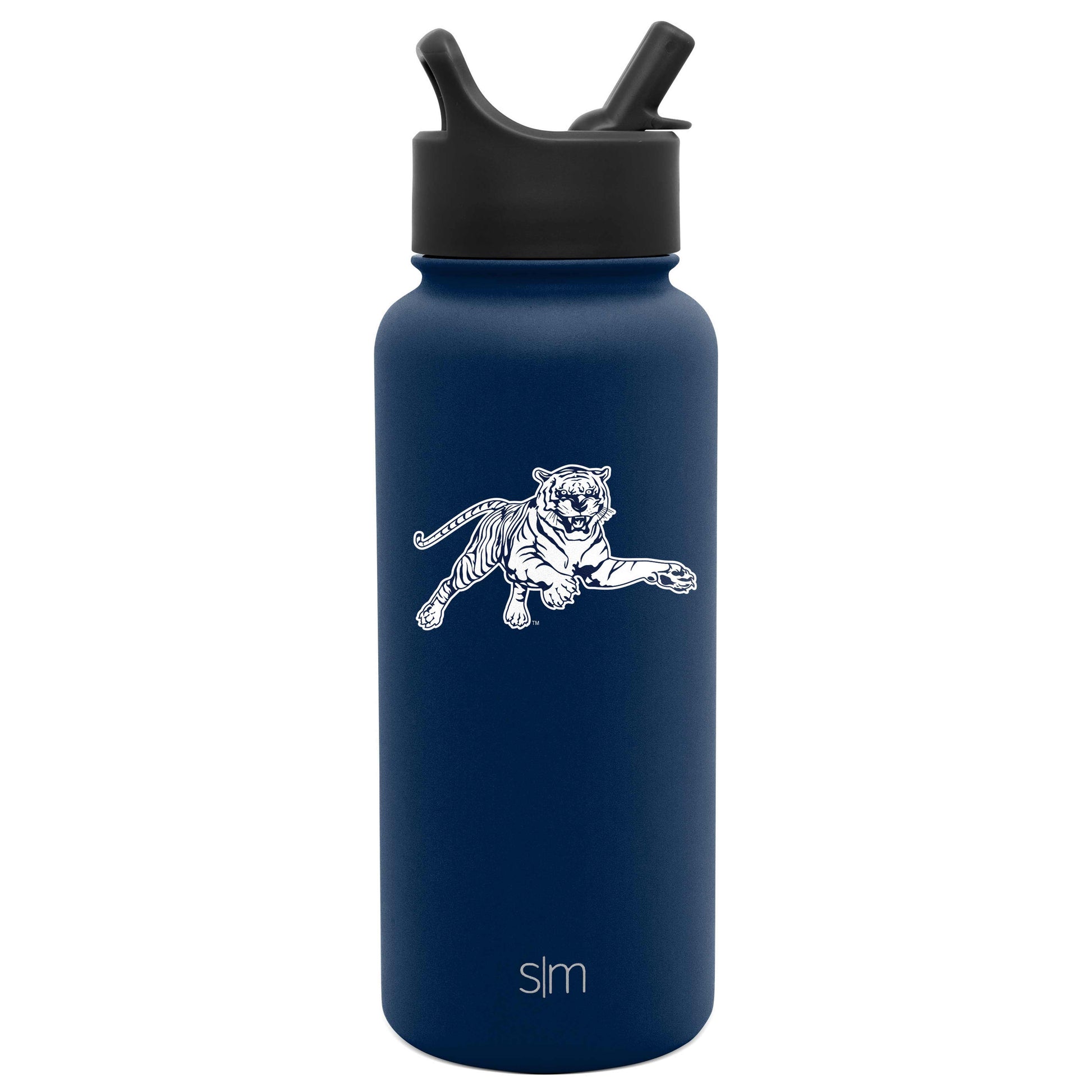 Navy blue matte water bottle with solid lid and spout assembly, featuring a sophisticated understated design.