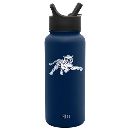 Navy blue matte water bottle with solid lid and spout assembly, featuring a sophisticated understated design.