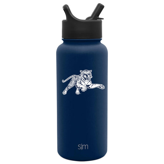 Navy blue matte water bottle with solid lid and spout assembly, featuring a sophisticated understated design.