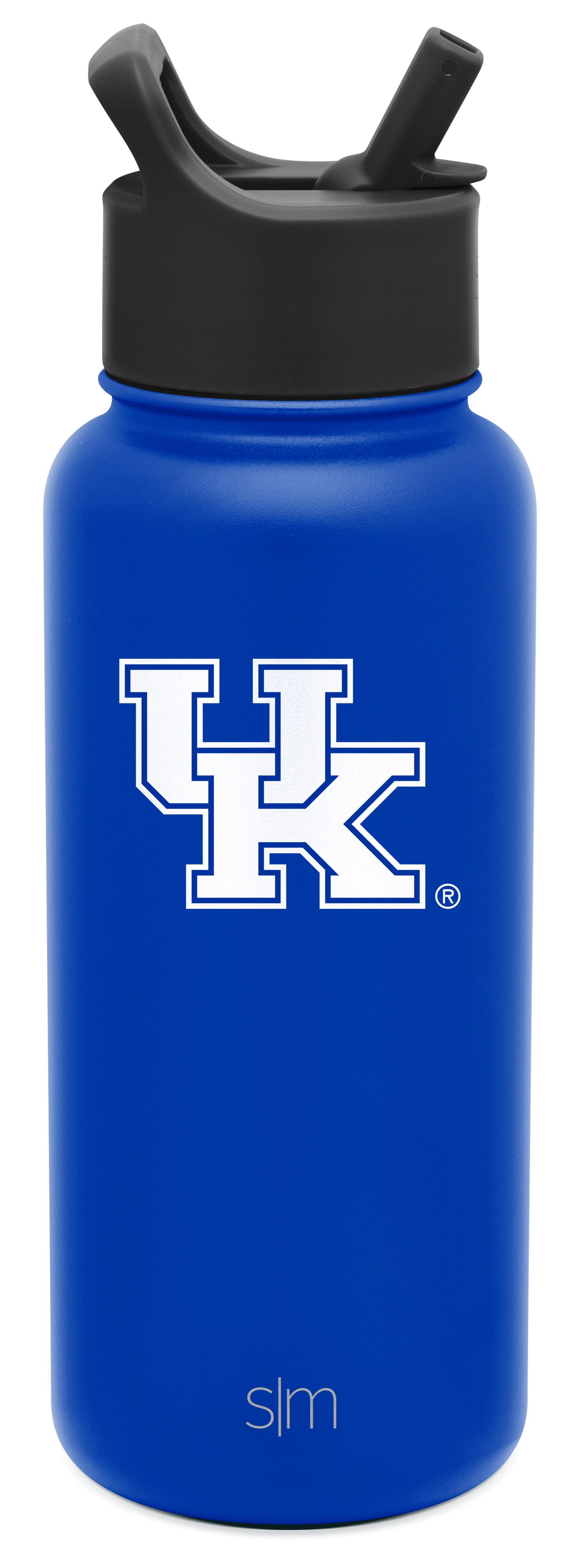 Royal blue water bottle with black lid and straw system