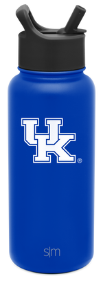 Royal blue water bottle with black lid and straw system