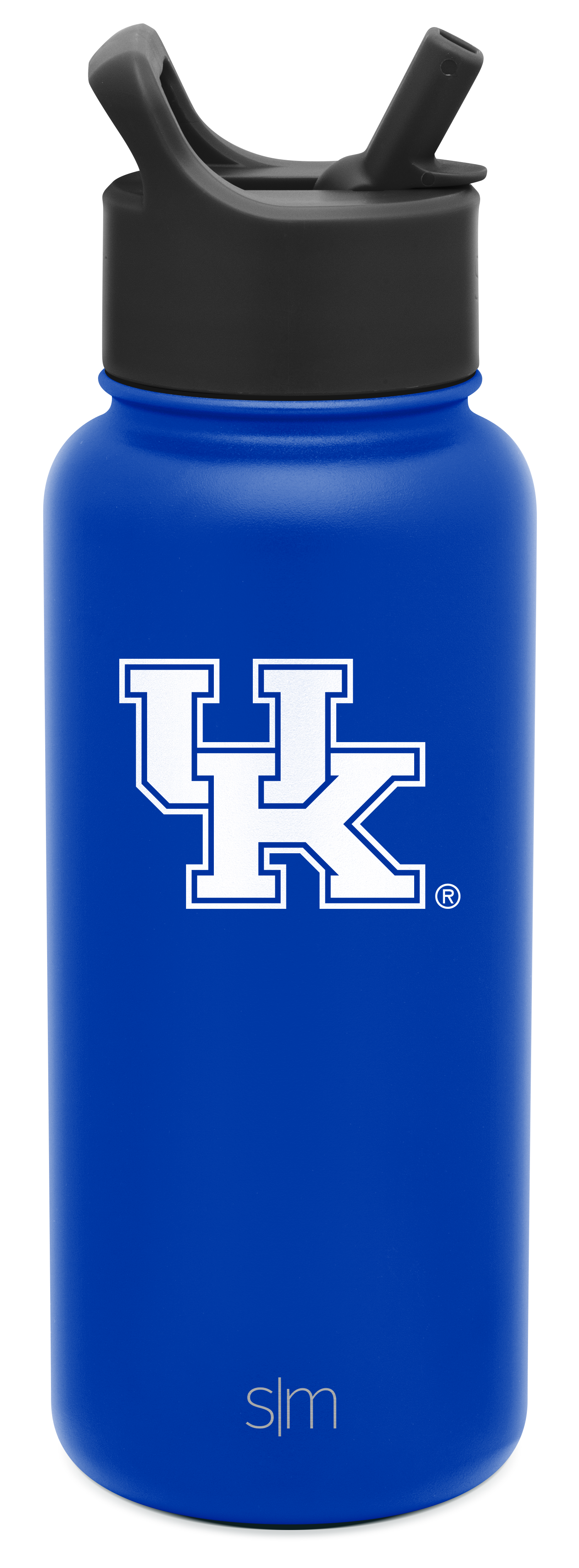 Royal blue water bottle with black lid and straw system