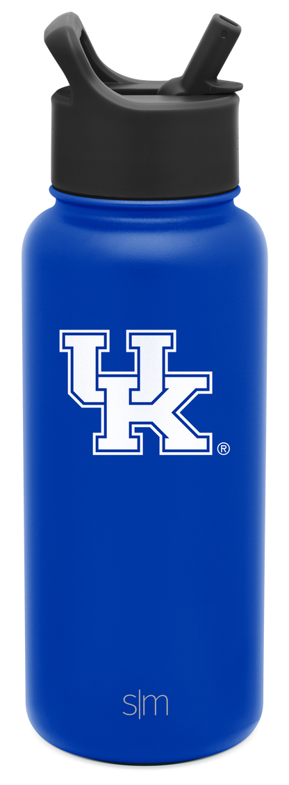 Royal blue water bottle with black lid and straw system
