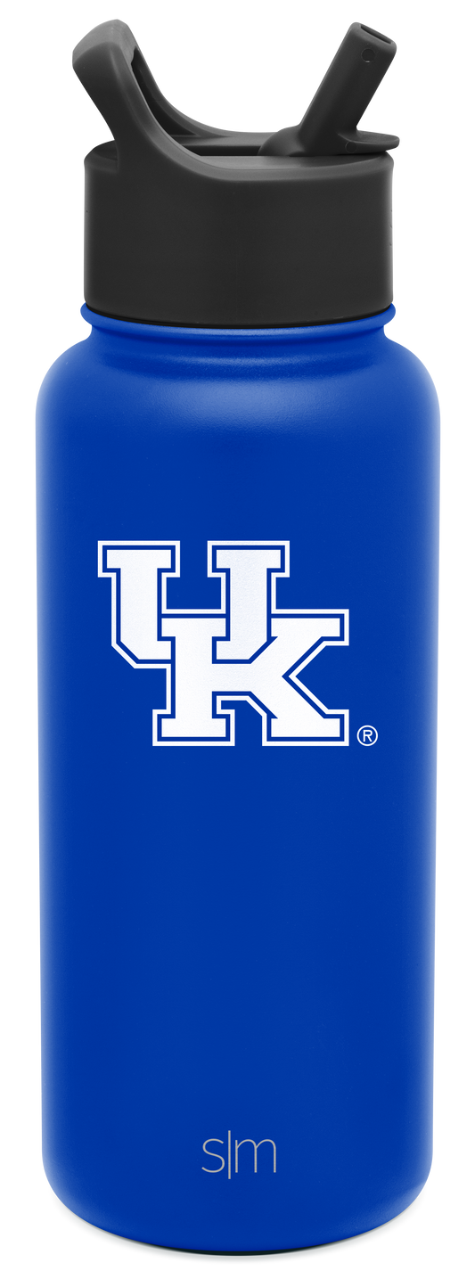 Royal blue water bottle with black lid and straw system