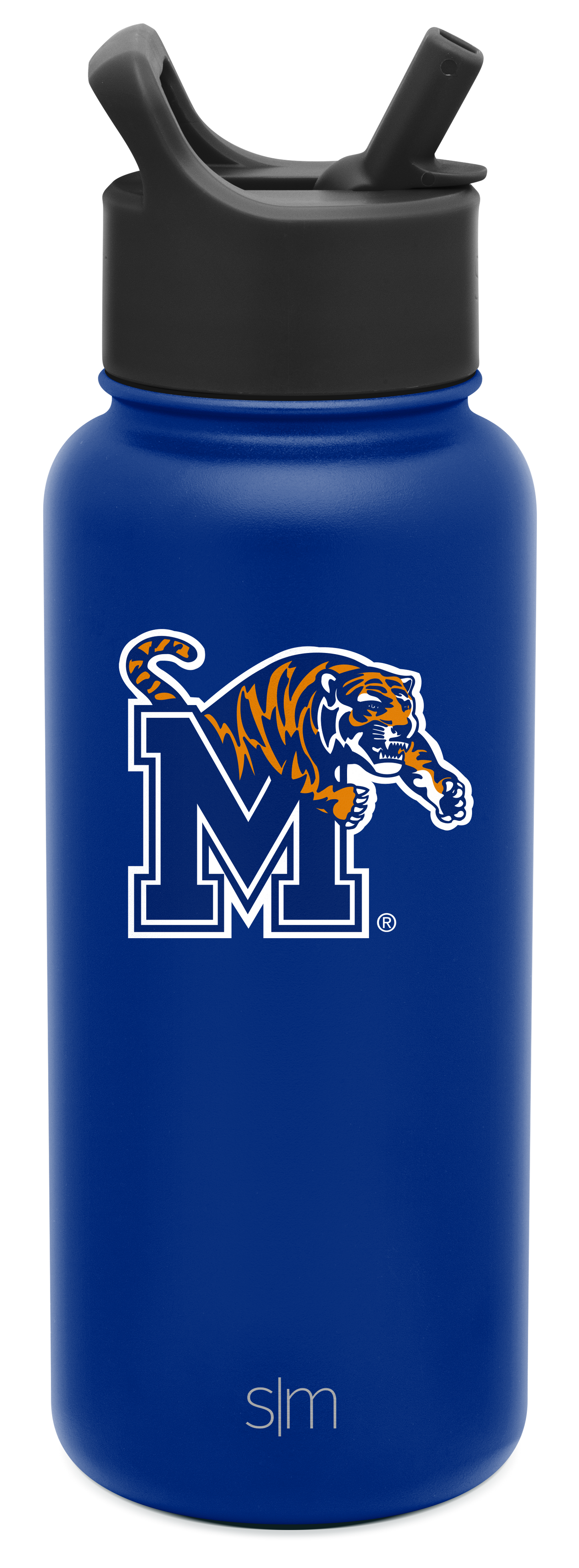 Royal blue insulated water bottle with cylindrical body and tapered base on white background