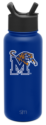 Royal blue insulated water bottle with cylindrical body and tapered base on white background