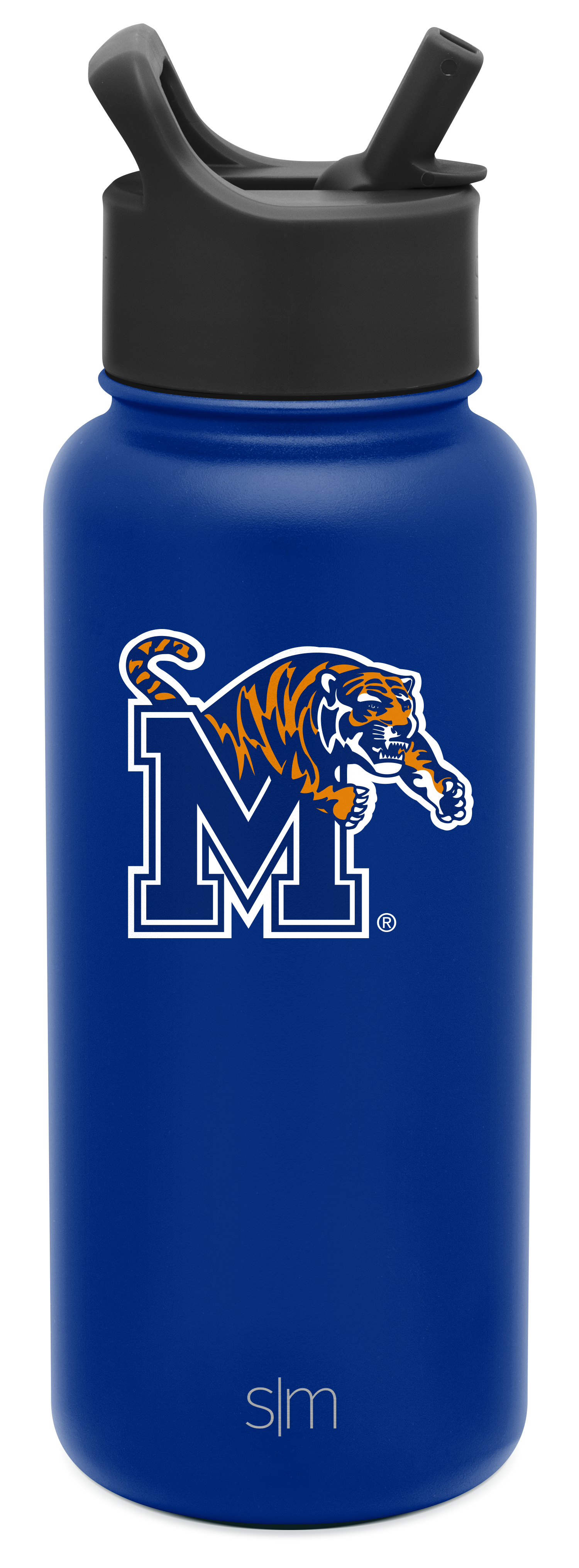 Royal blue insulated water bottle with cylindrical body and tapered base on white background