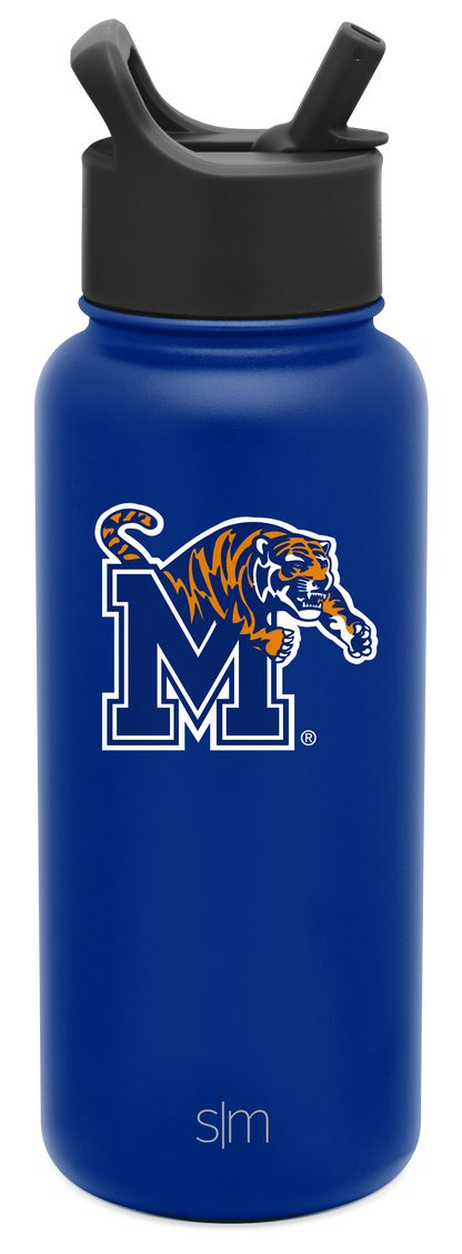 Royal blue insulated water bottle with cylindrical body and tapered base on white background