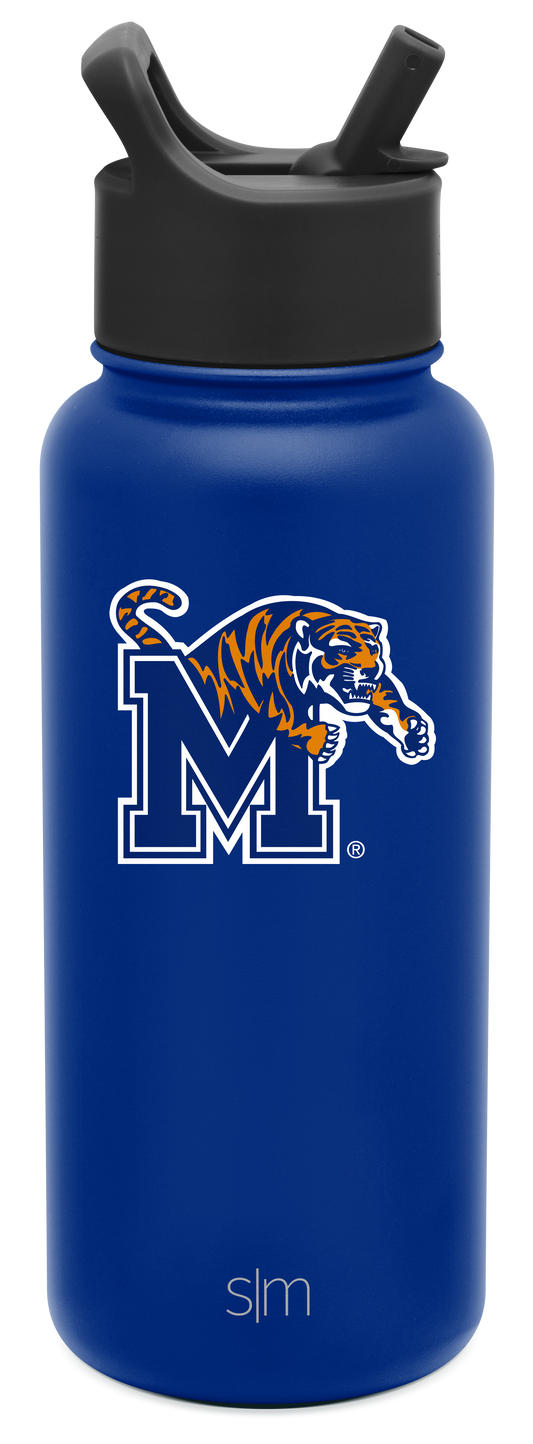 Royal blue insulated water bottle with cylindrical body and tapered base on white background