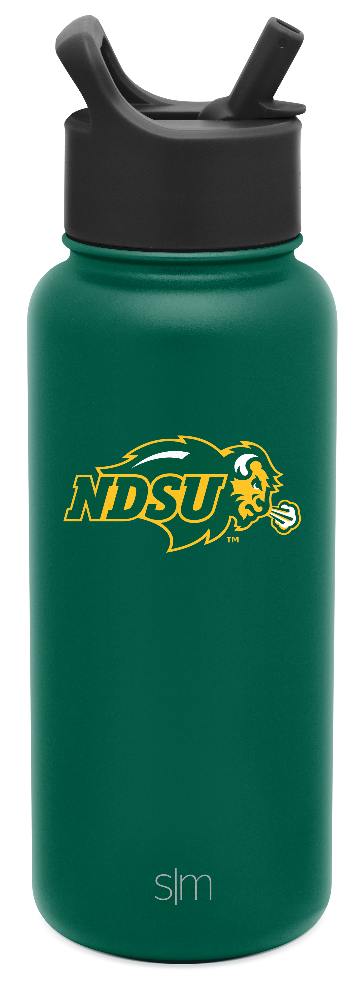 Deep teal water bottle with charcoal gray lid and straw system, cylindrical design with rich saturated finish.