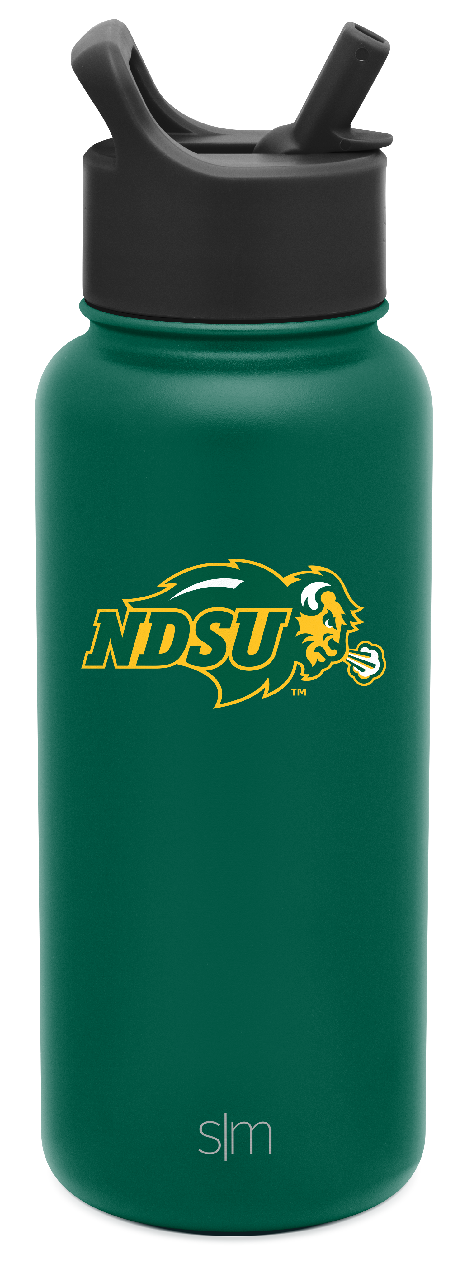 Deep teal water bottle with charcoal gray lid and straw system, cylindrical design with rich saturated finish.