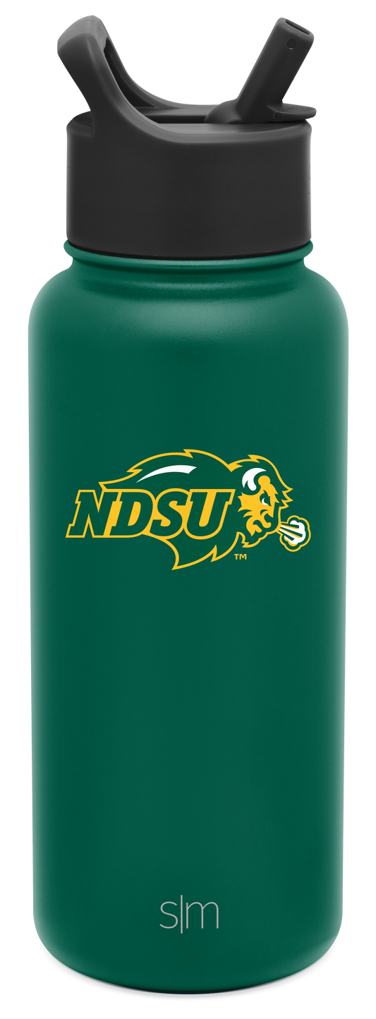 Deep teal water bottle with charcoal gray lid and straw system, cylindrical design with rich saturated finish.
