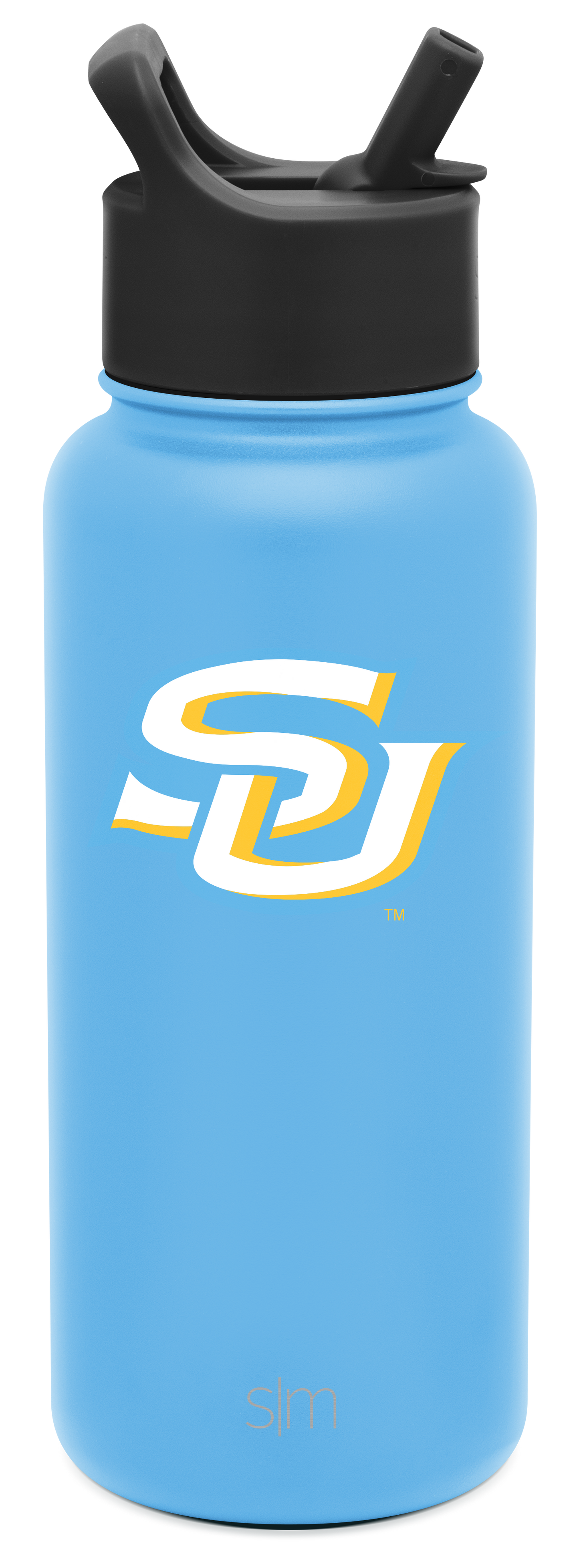 Sky blue water bottle with black cap and straw assembly, white logo on cylindrical body