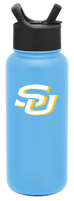 Sky blue water bottle with black cap and straw assembly, white logo on cylindrical body