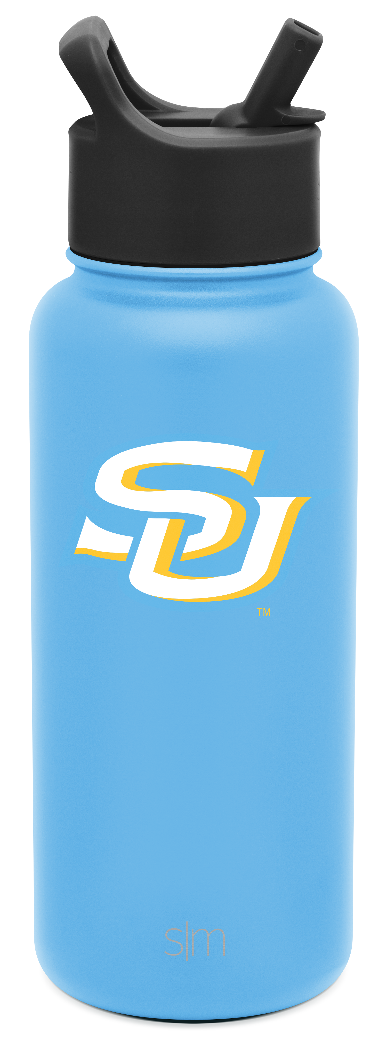 Sky blue water bottle with black cap and straw assembly, white logo on cylindrical body