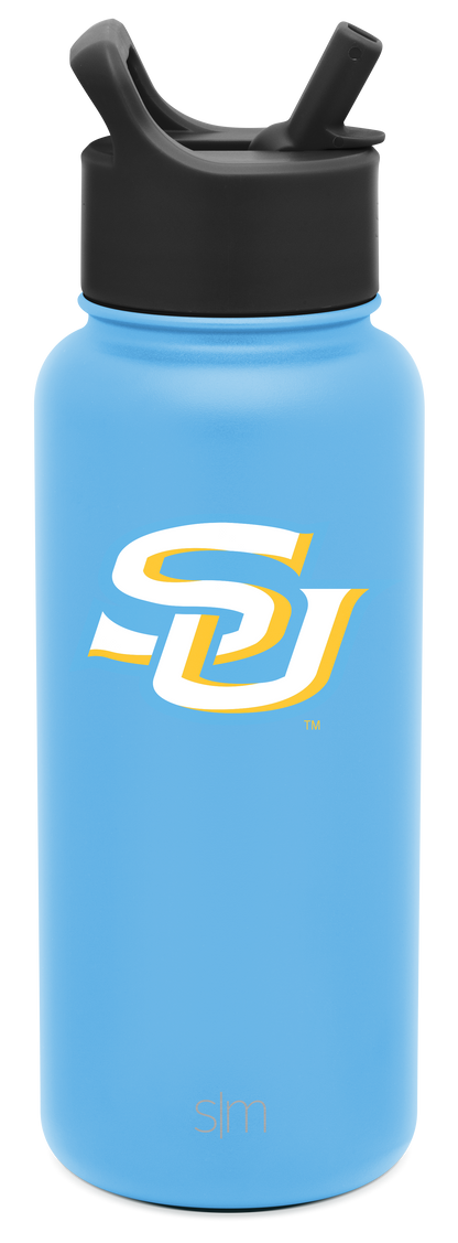 Sky blue water bottle with black cap and straw assembly, white logo on cylindrical body