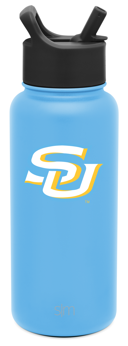 Sky blue water bottle with black cap and straw assembly, white logo on cylindrical body