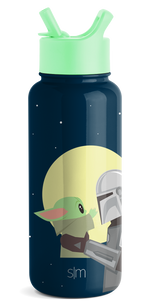 Deep navy blue water bottle with mint green cap and spout, featuring a bright yellow circular illustrated design on the body