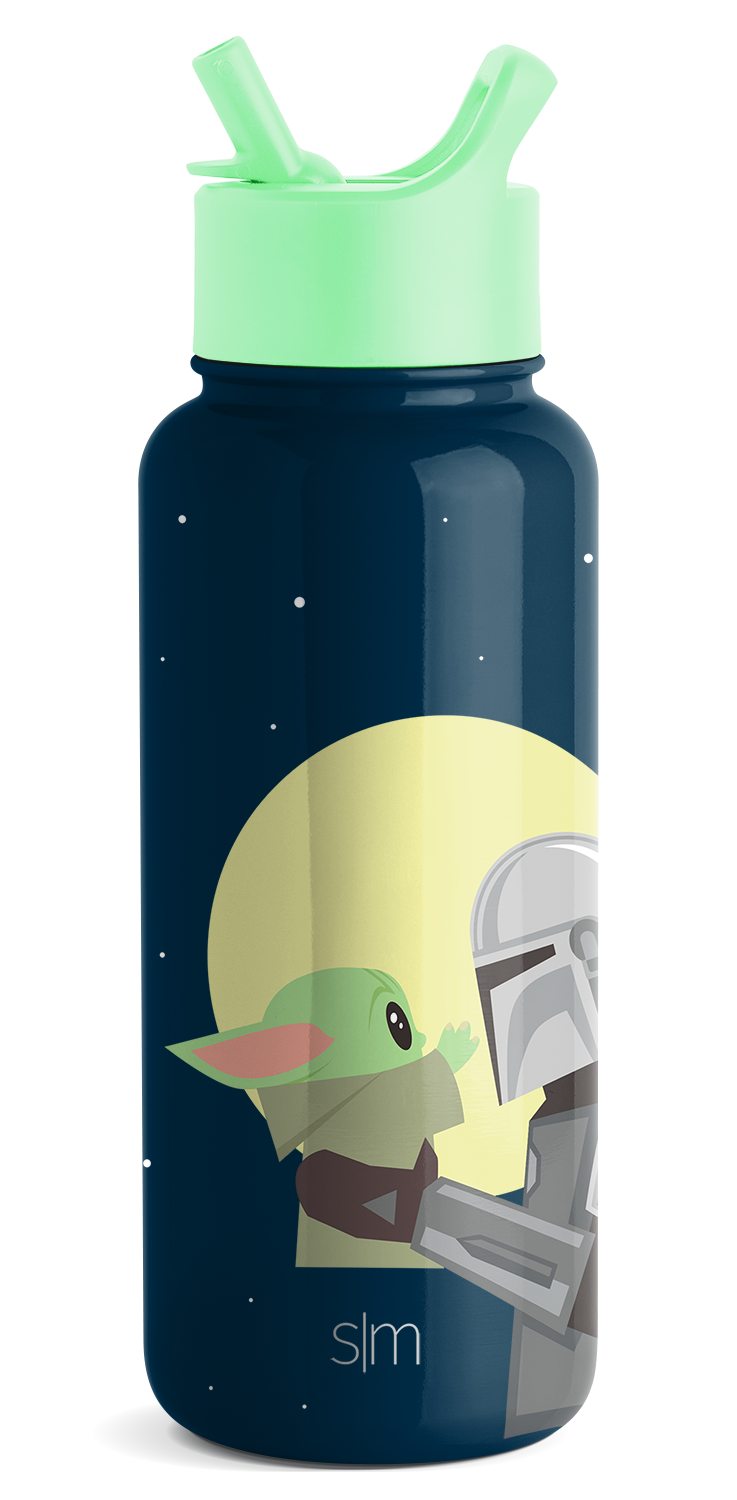 Deep navy blue water bottle with mint green cap and spout, featuring a bright yellow circular illustrated design on the body