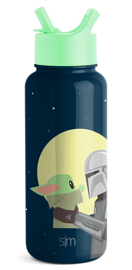 Deep navy blue water bottle with mint green cap and spout, featuring a bright yellow circular illustrated design on the body