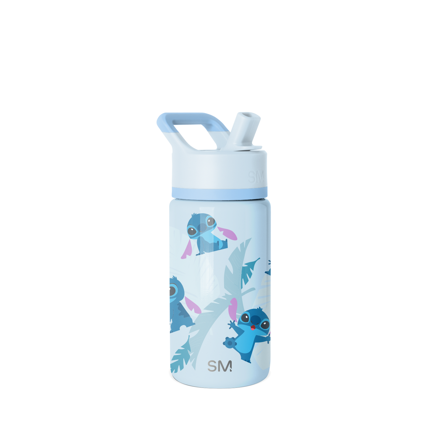 Light sky blue water bottle with white lid and handle, featuring medium blue, teal, and magenta accent colors