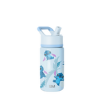 Light sky blue water bottle with white lid and handle, featuring medium blue, teal, and magenta accent colors